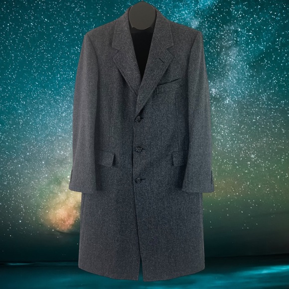 Herringbone Tweed Virgin Wool Trench Coat Black and Gray 44R - Picture 2 of 16